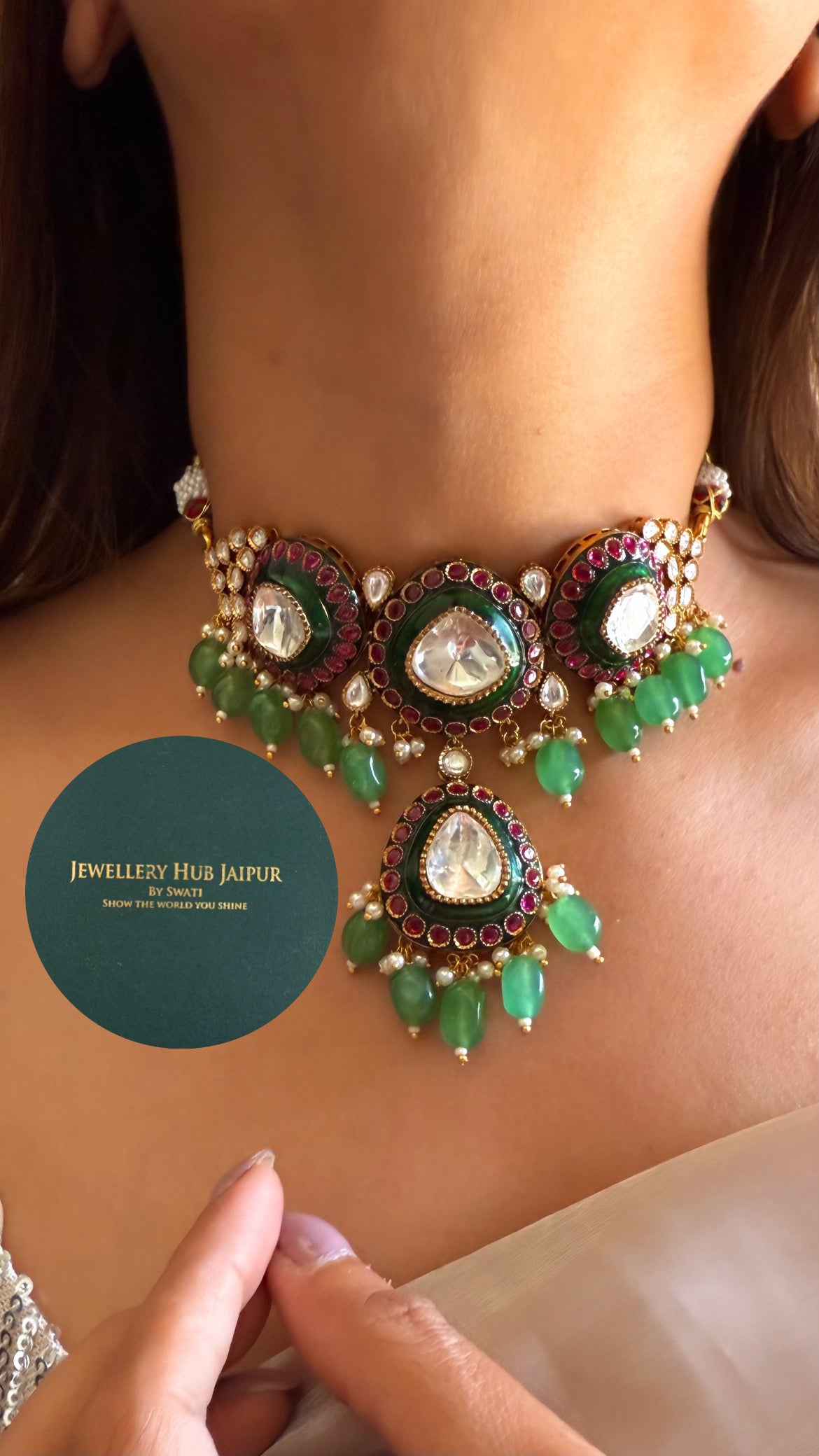 Ruby & Emerald mint polki choker necklace with jhumkas
