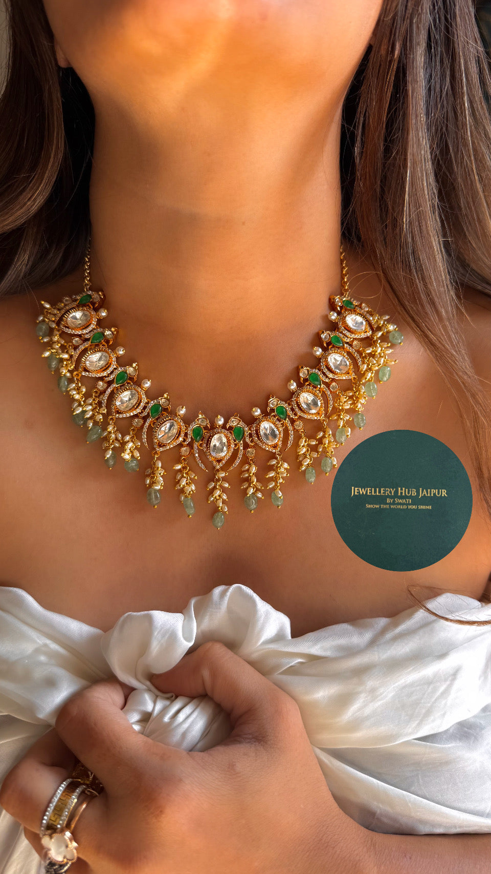 Real moissanite panna peacock inspired necklace with strawberry drops