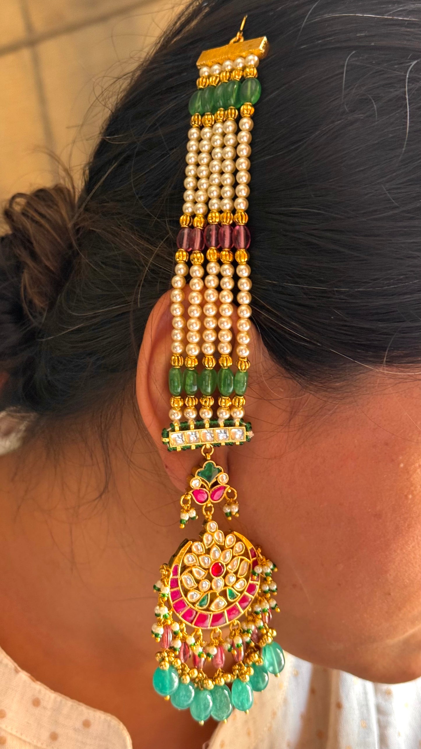 Paachi kundan Mughal chaand inspired long earings & maangtikka