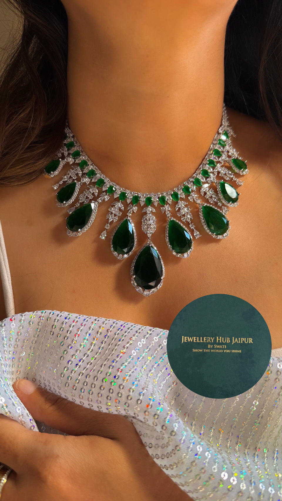 Emerald cocktail diamond statement necklace