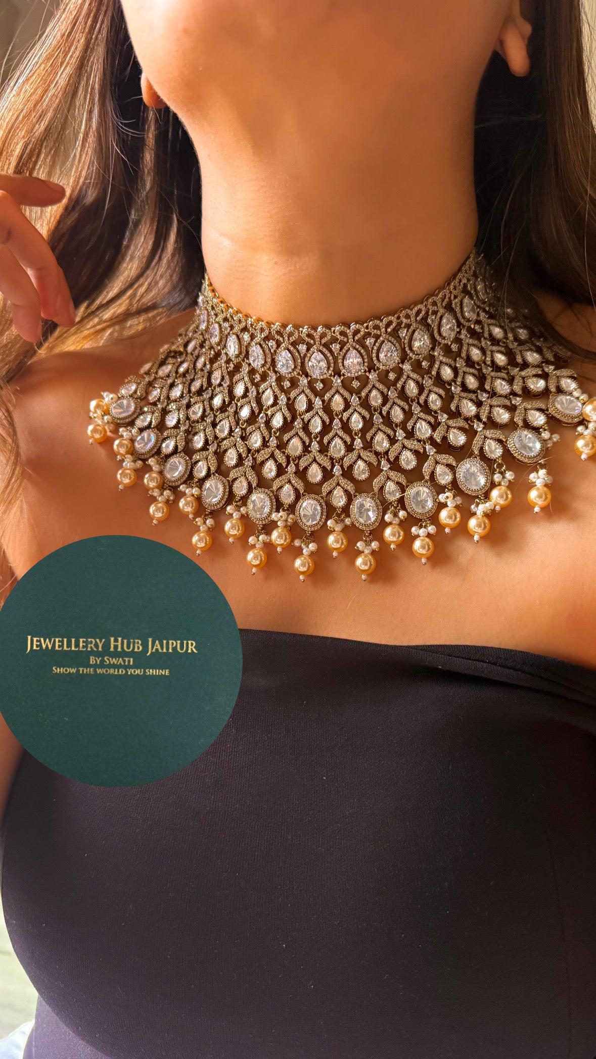 Chetna moissanite polki with pearl drop choker set