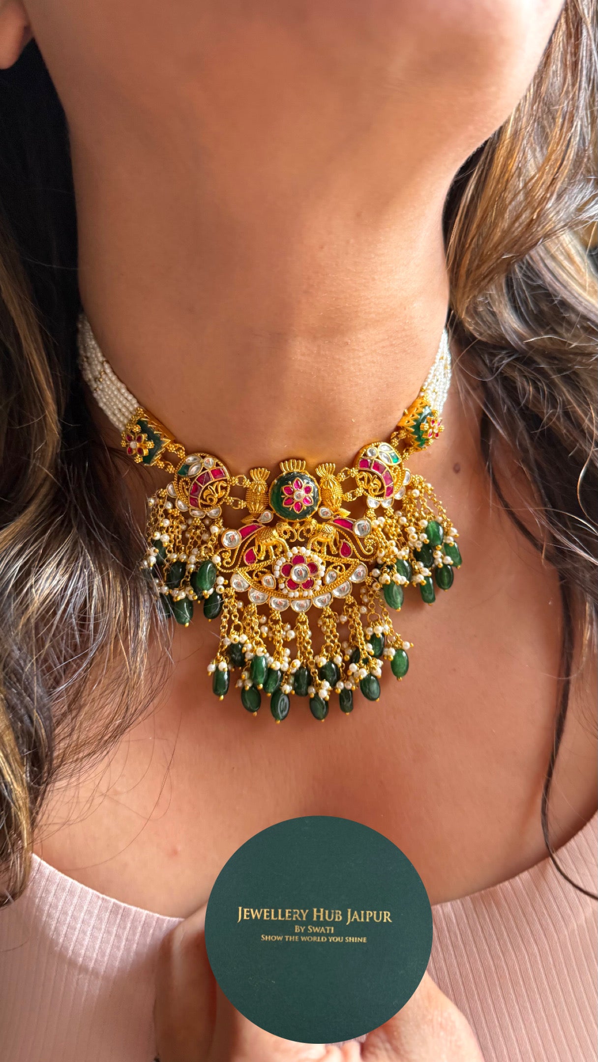 Gajj inspired emerald & Rani pink with drops collar necklace