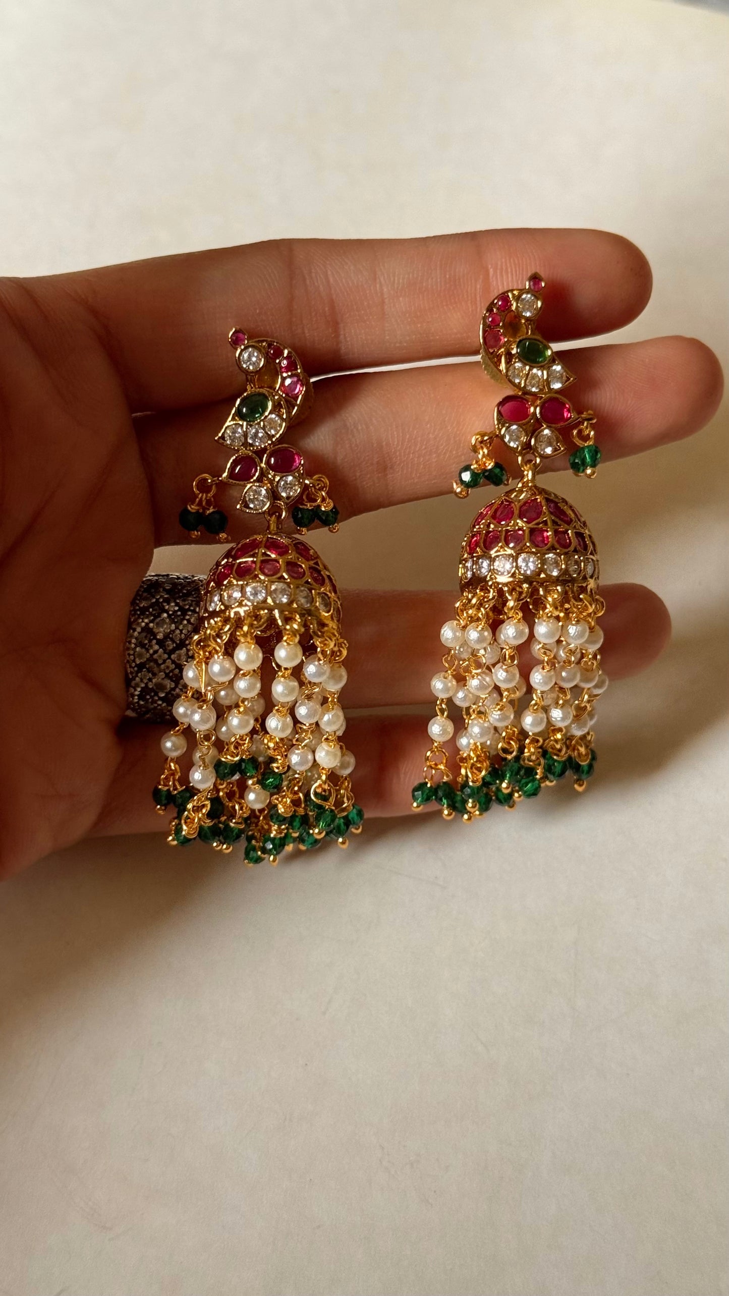 Rani pink & emerald peacock design with pearl drop jhumke