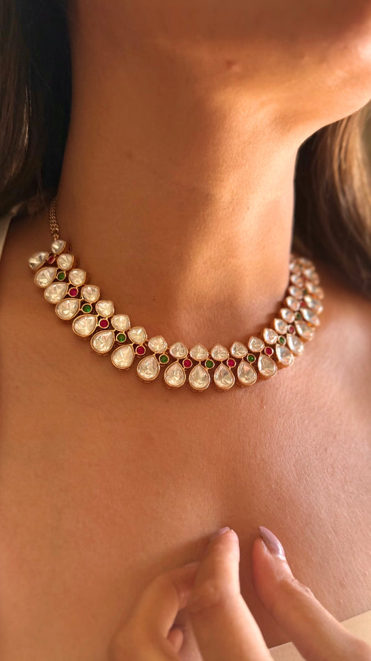 Ruh Moissanite heritage polki emerald ruby necklace with earrings