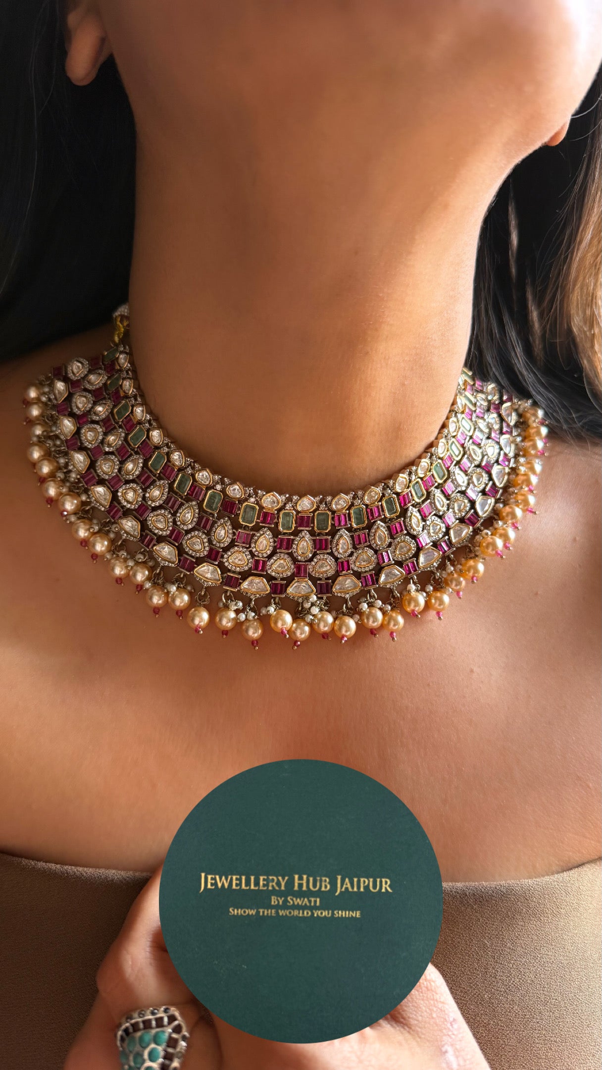 Rani pink ruby & mint real moissanite with drops choker set