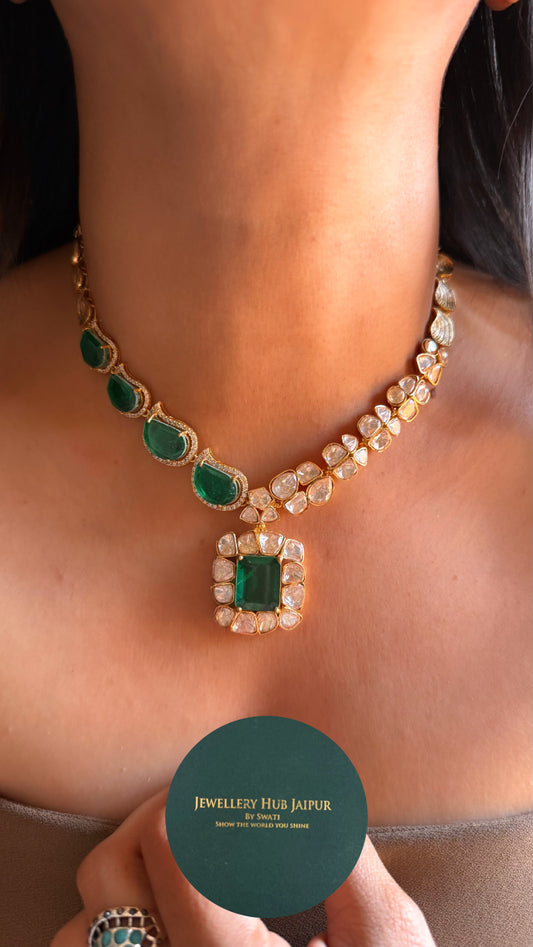 Emerald doublets with peeli polki Moissanite Necklace