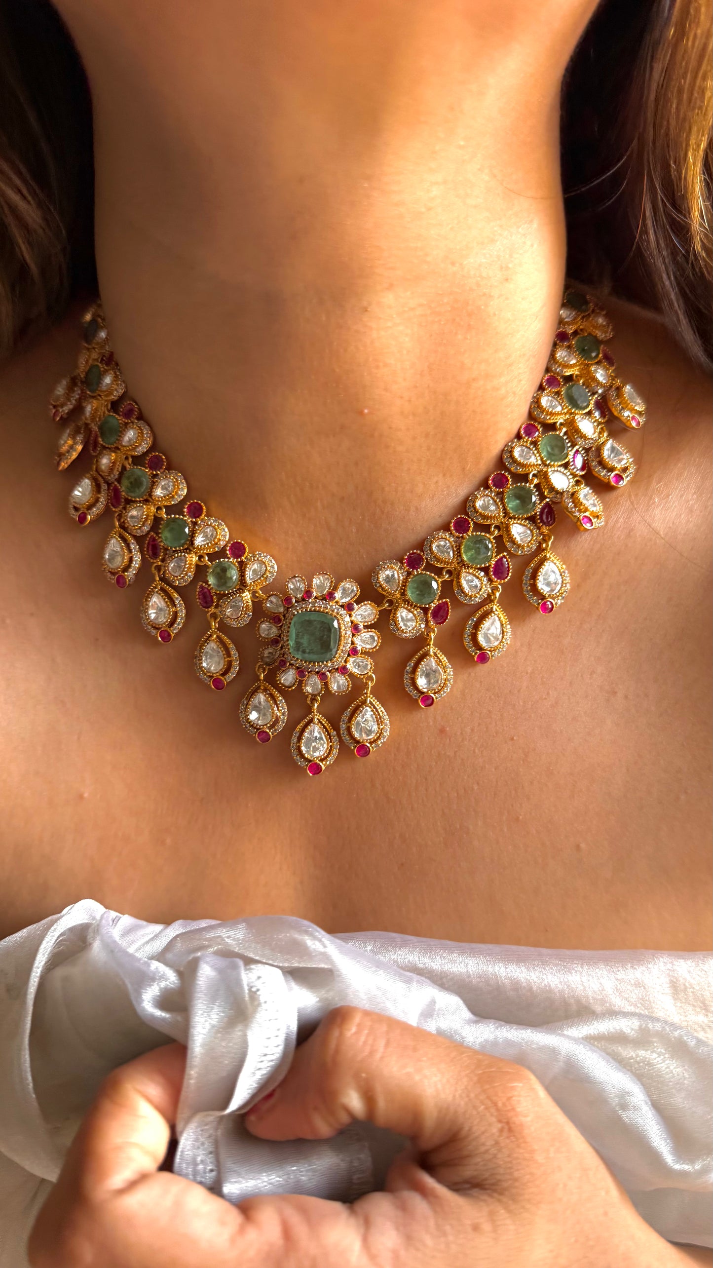 Mint & Rani pink floral polki collar necklace