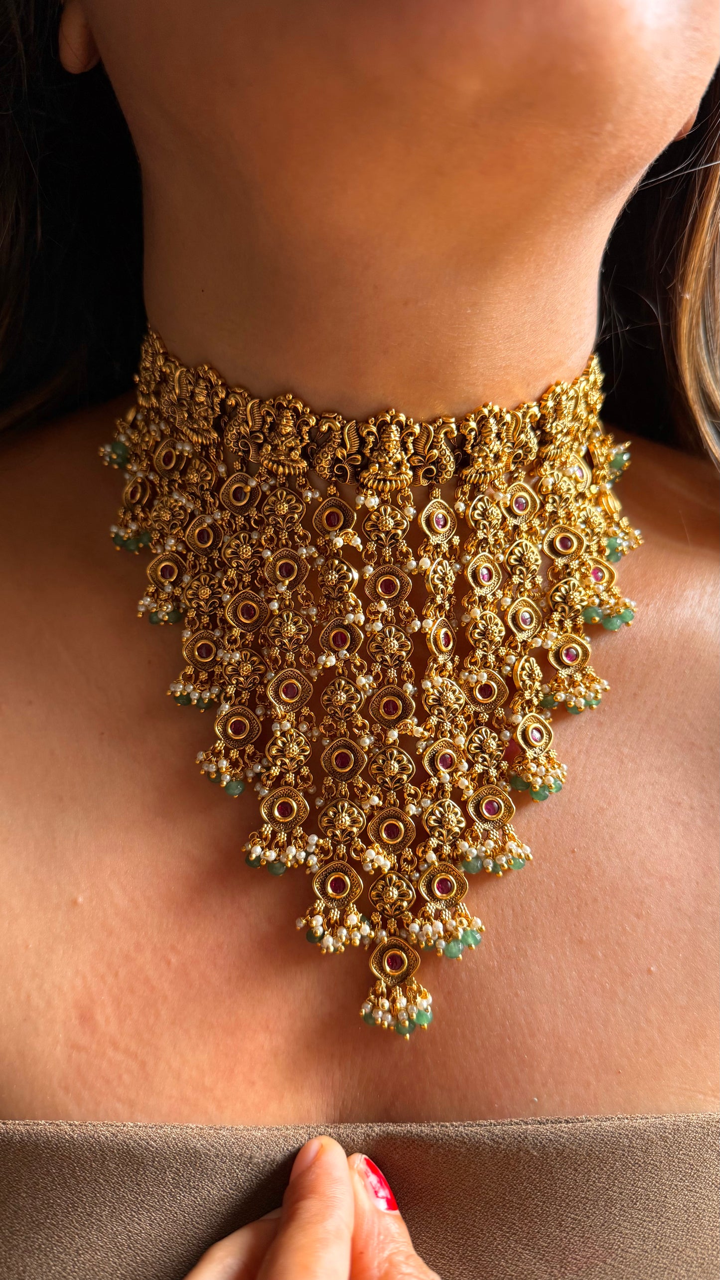 Goddess Laxmi inspired waterfall temple necklace