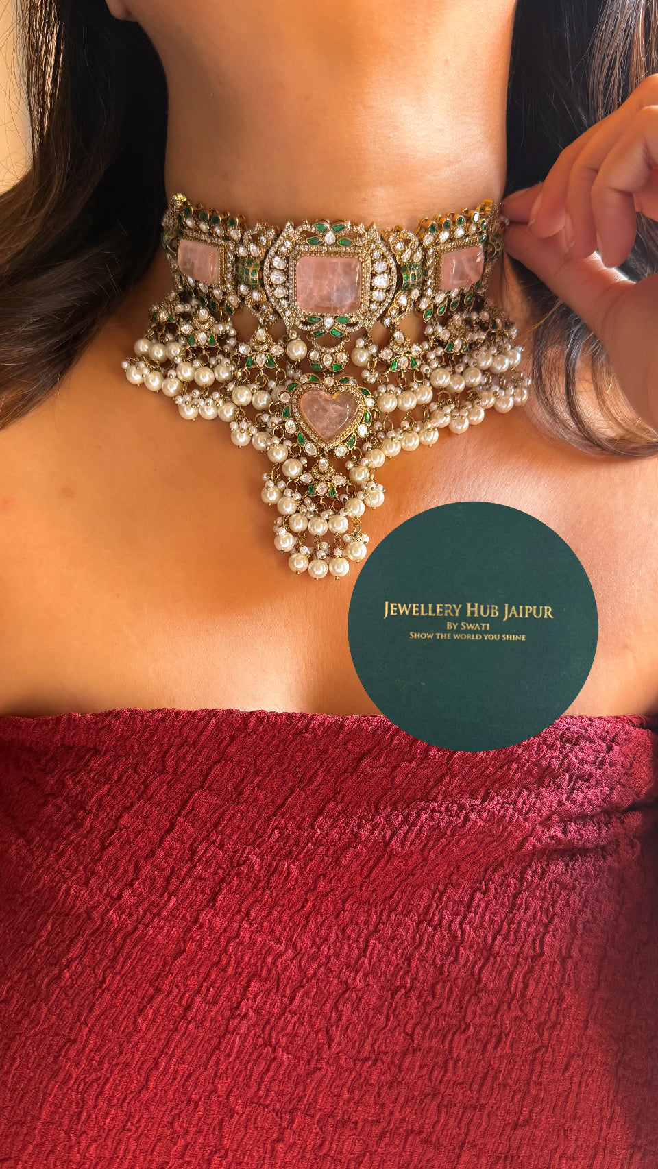 Rose quartz moissanite choker necklace set