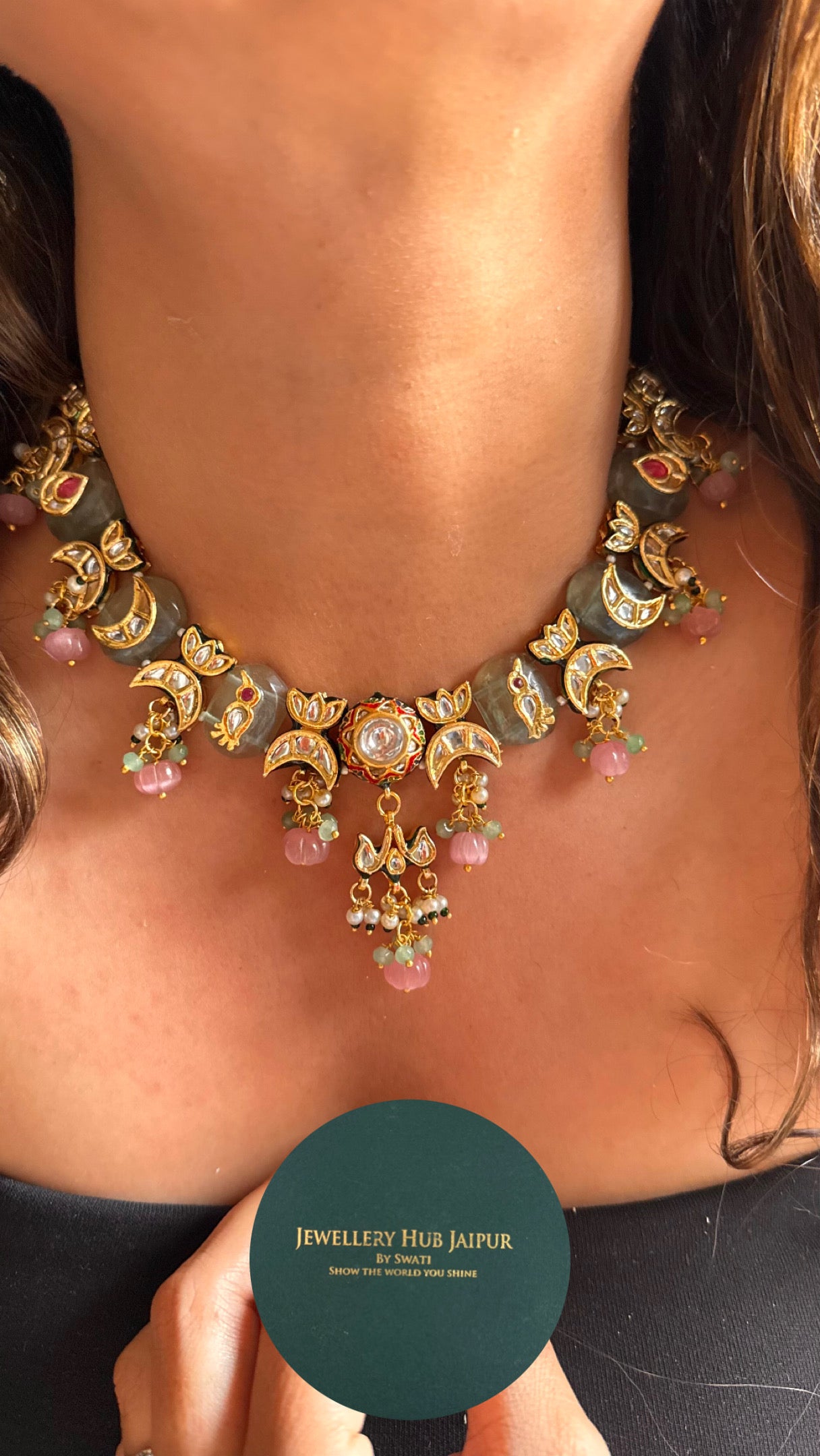 Meenakari mint inlay with rose quartz drop collar Necklace