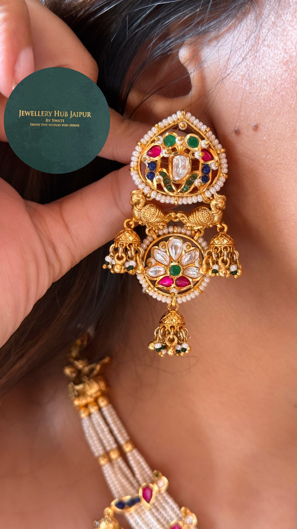 Real Moissanite Rajwada peacock emerald mix polki necklace