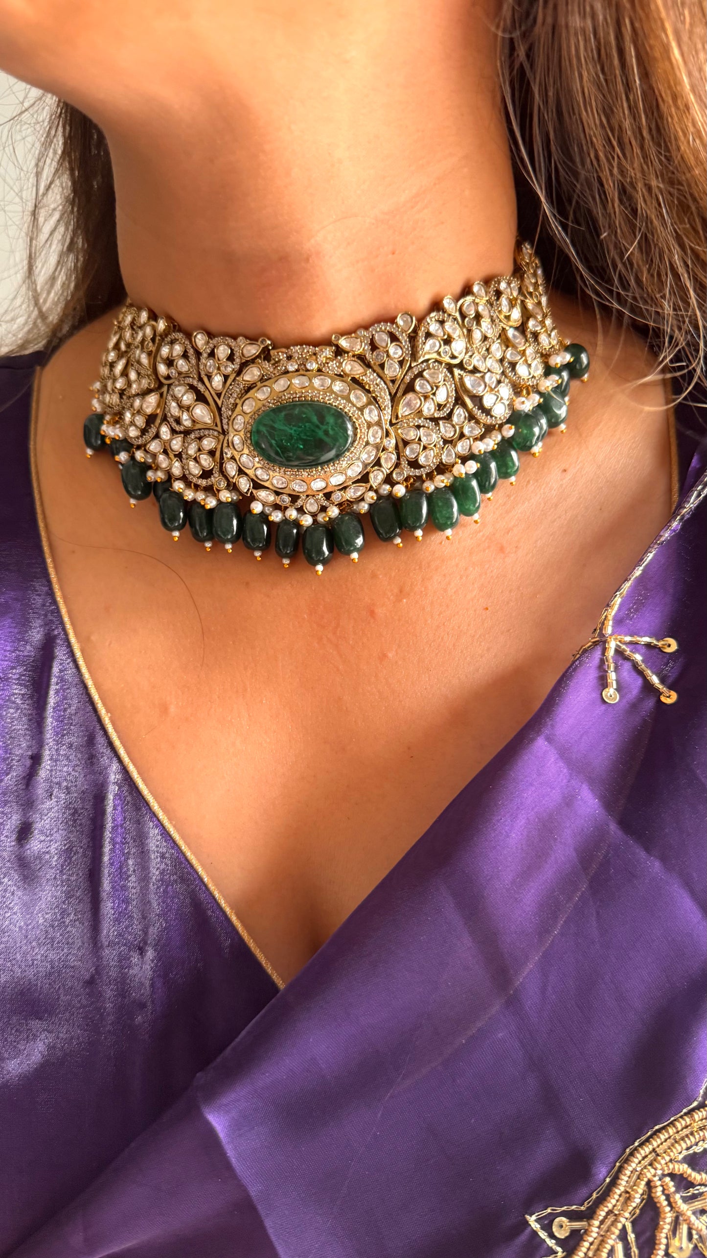 Emerald doublet moissanite choker