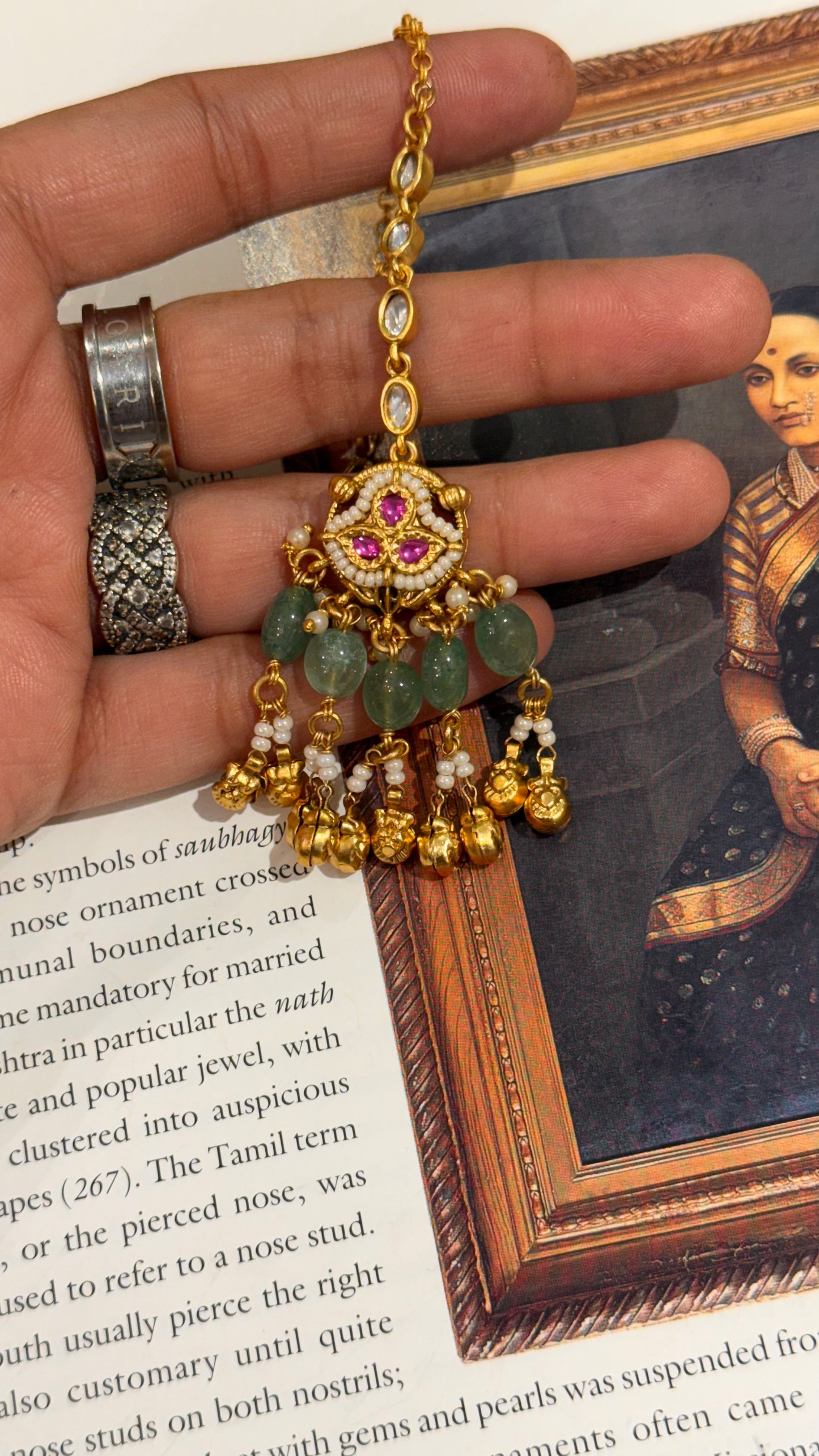 Minimalist rani pink mangtika with mint drop & gold detailing