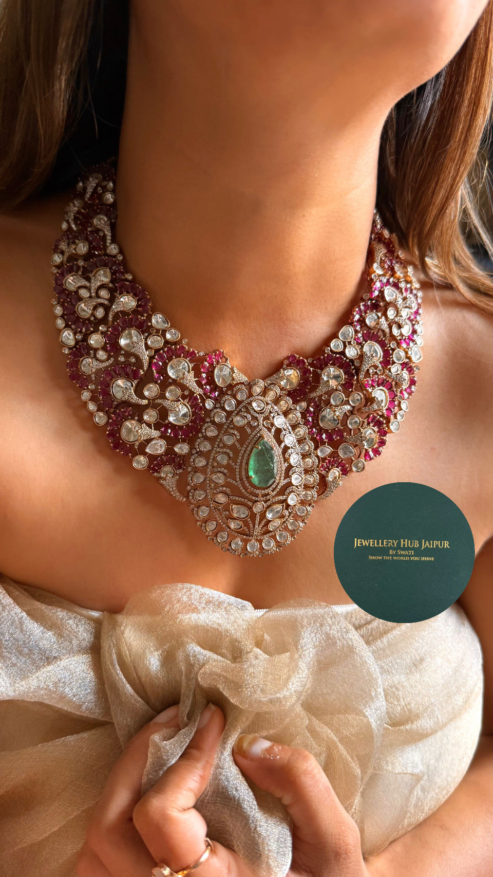 Ruby & moissanite with panna detailing designer collar necklace