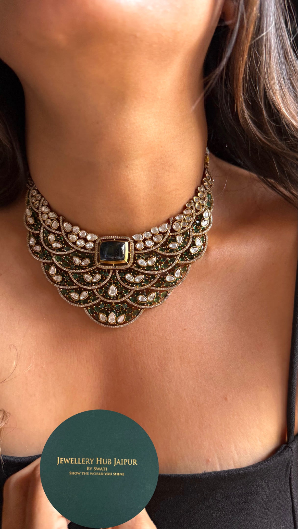 Sapphire doublet with emerald feathered designer Necklace