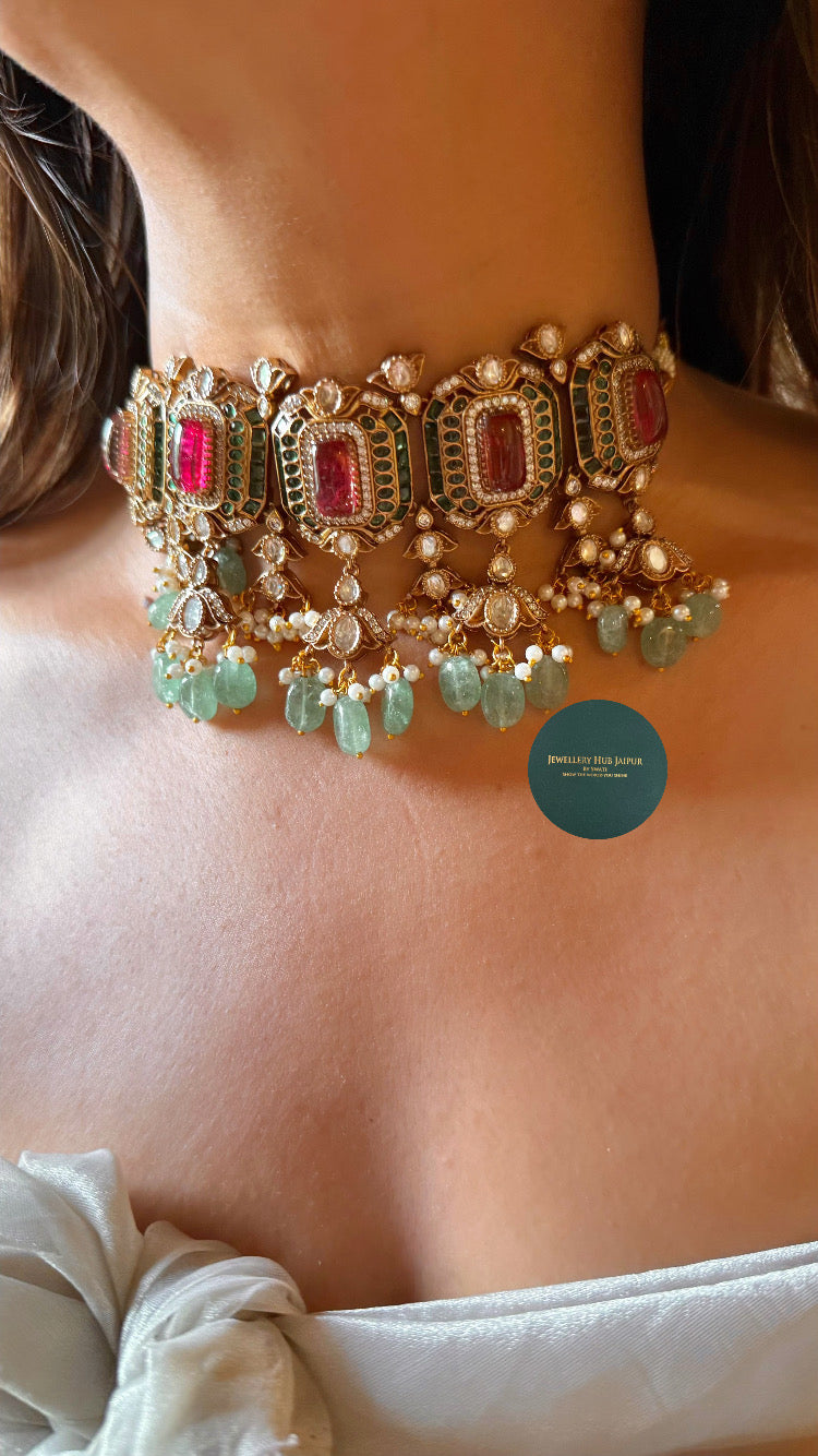 Ruby doublet & emerald polki with mint drops choker set