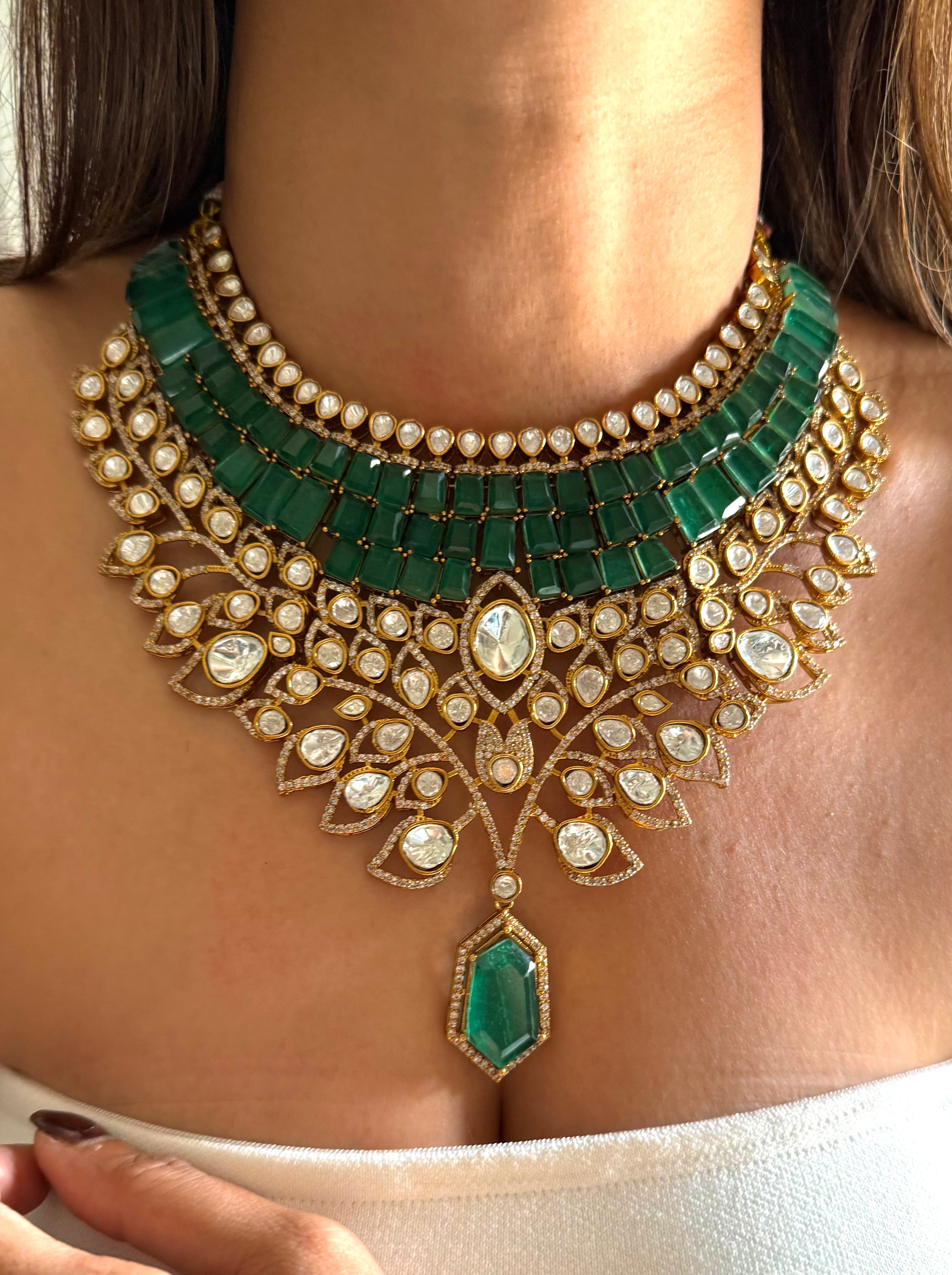 Emerald doublet & moissanite leaves designer set
