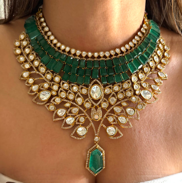 Emerald doublet & moissanite leaves designer set