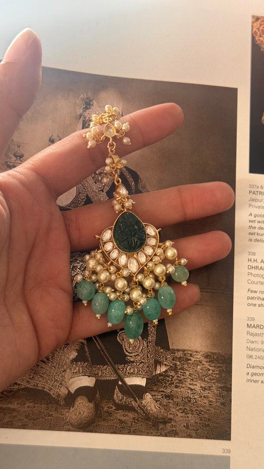 Emerald carving with mint drop  maangtika