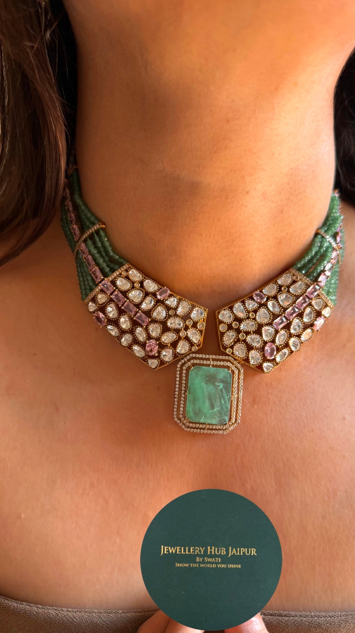 Mint with rose quartz designer necklace