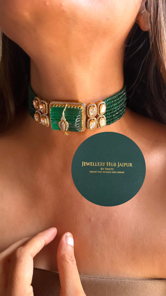 Emerald doublet & moissanite polki choker set