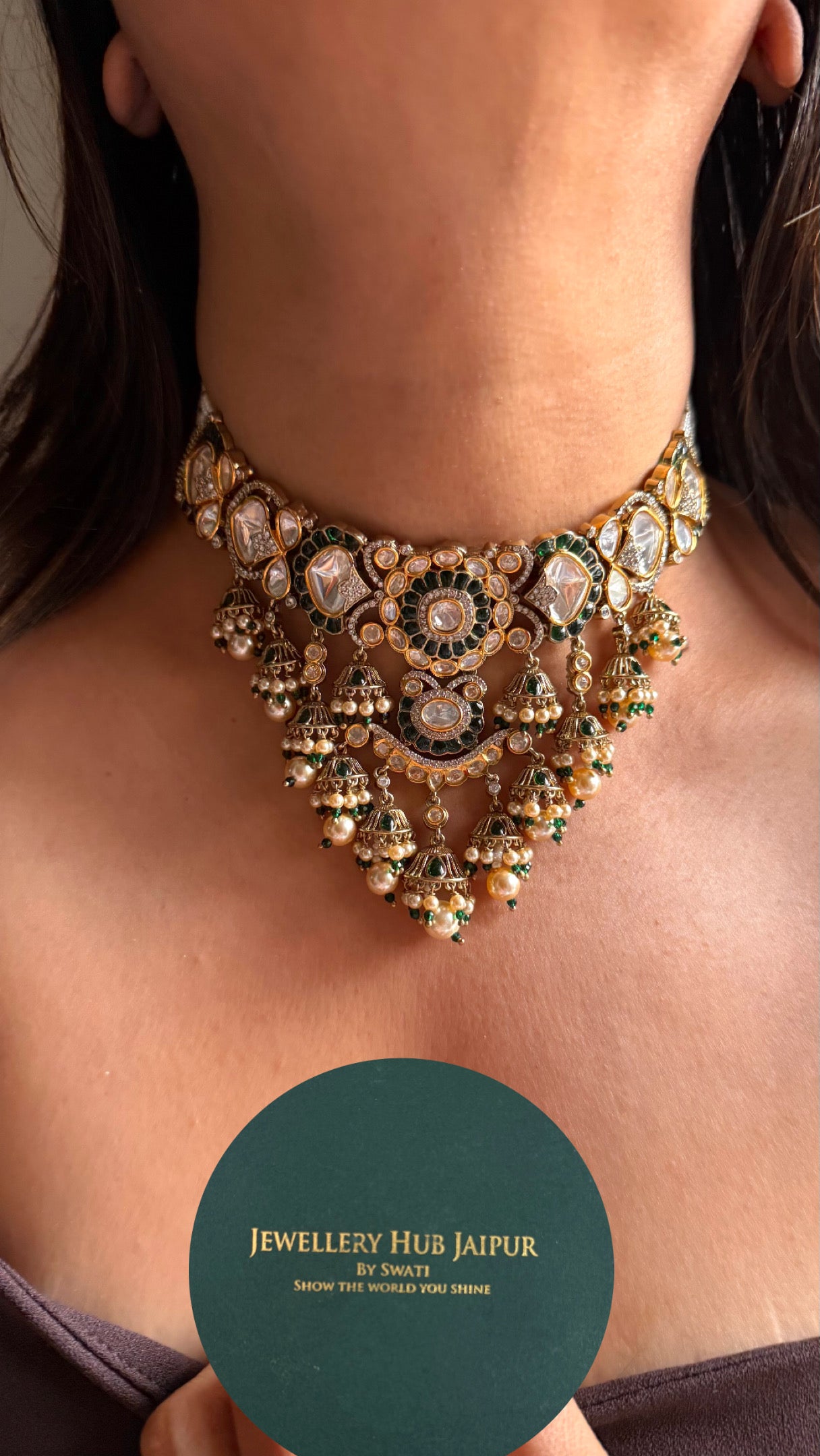 Emerald vintage with jhumki drops choker necklace