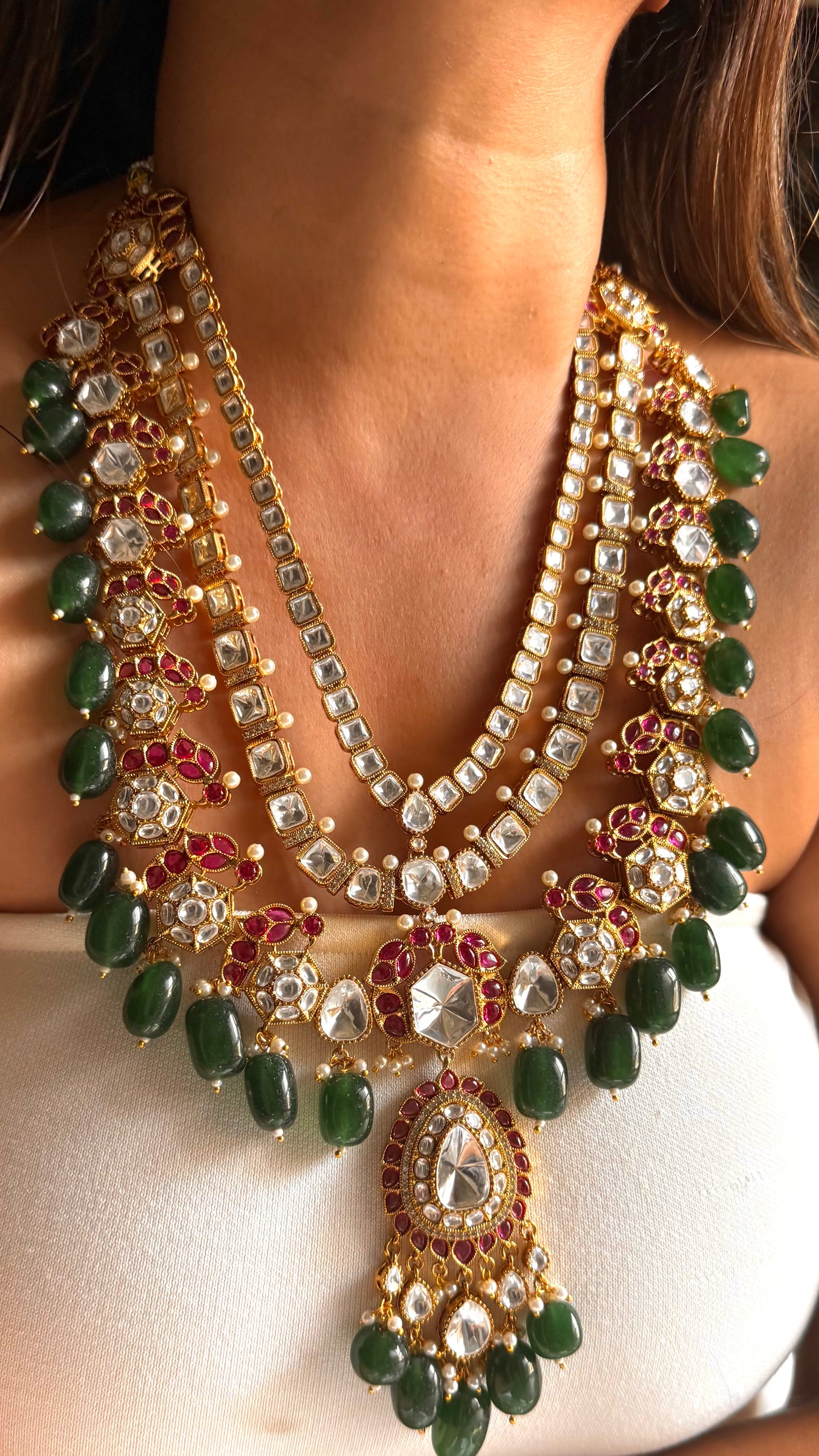 Ritu Raj Rani pink moissanite polki with emerald drop maharani haar