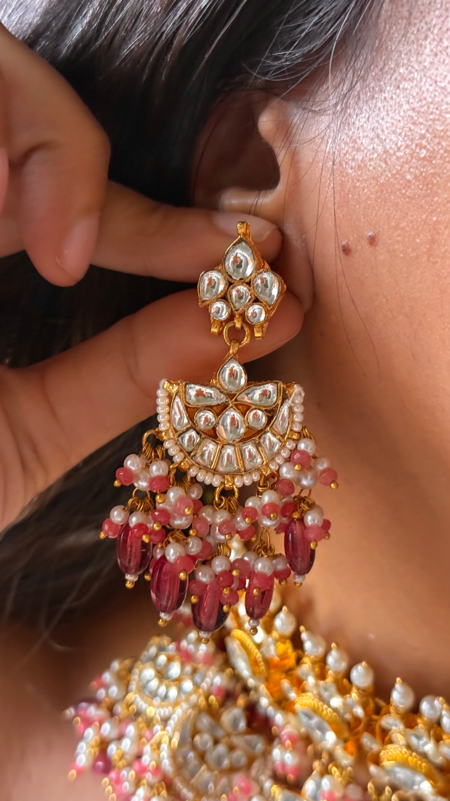 Lotus inspired chaand nakashi with rani pink drop bridal Necklace