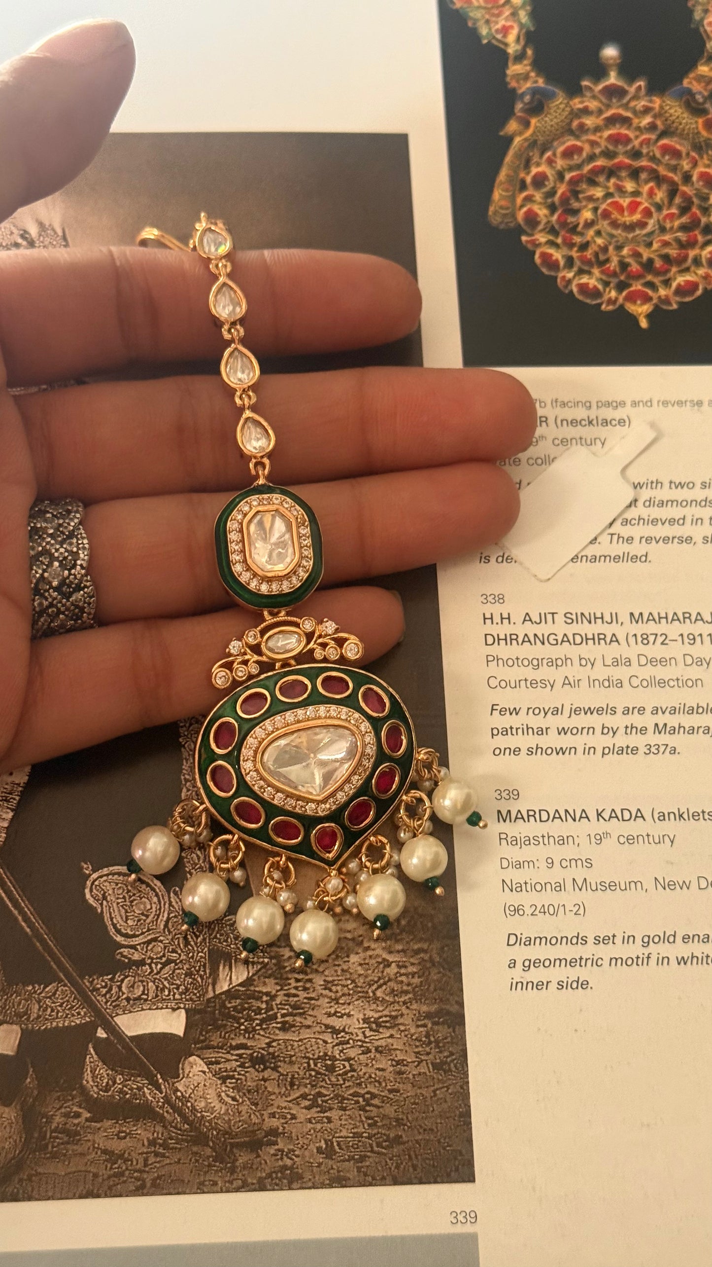 Emerald & rani pink meenakari gold  maangtika