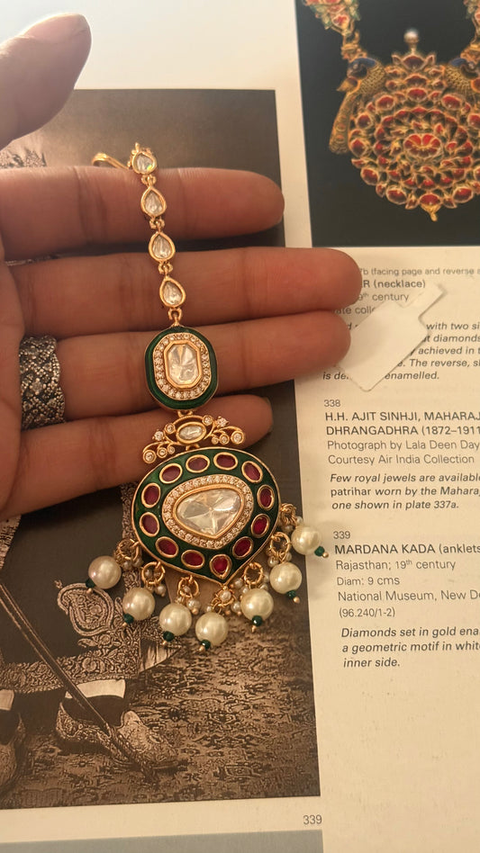 Emerald & rani pink meenakari gold  maangtika