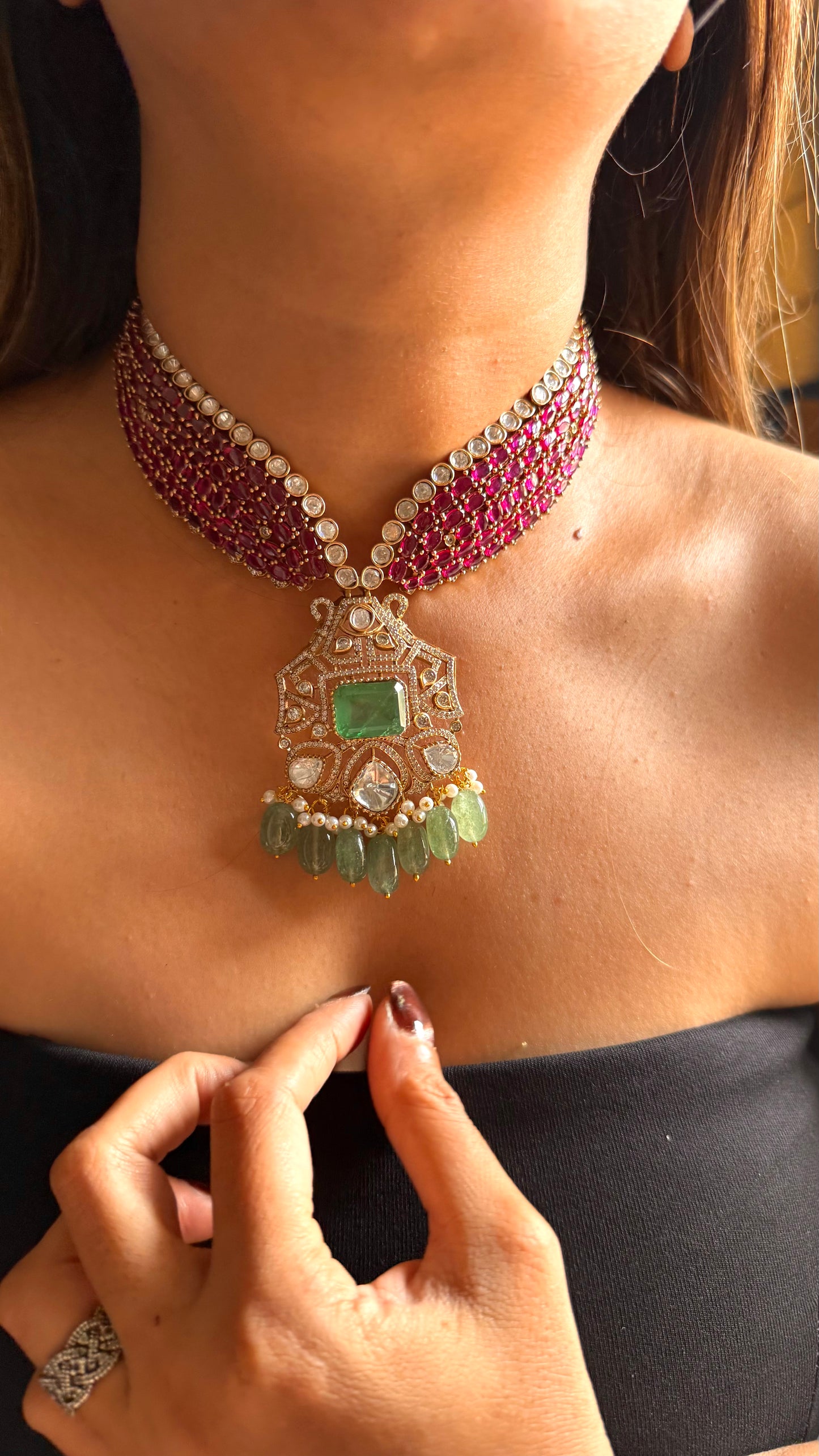 Mint doublet and rani pink moissanite collar necklace set