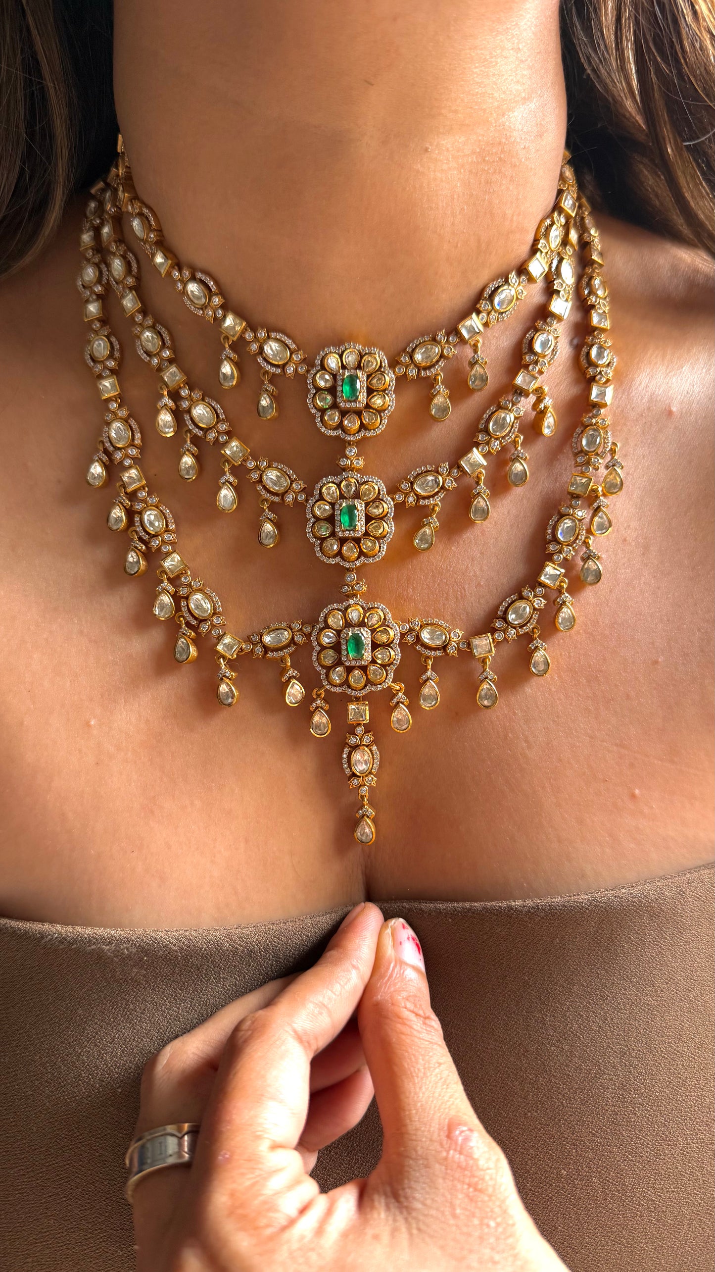 Triple layered emerald peeli polki Necklace