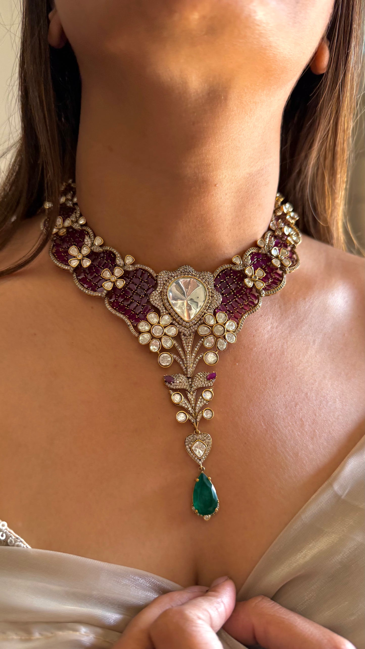 Vaidayi Designer uncut polki ruby moissanite collar necklace