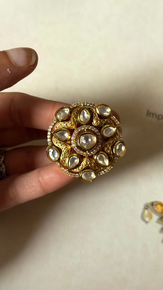 Moissanite polki floral adjustable ring