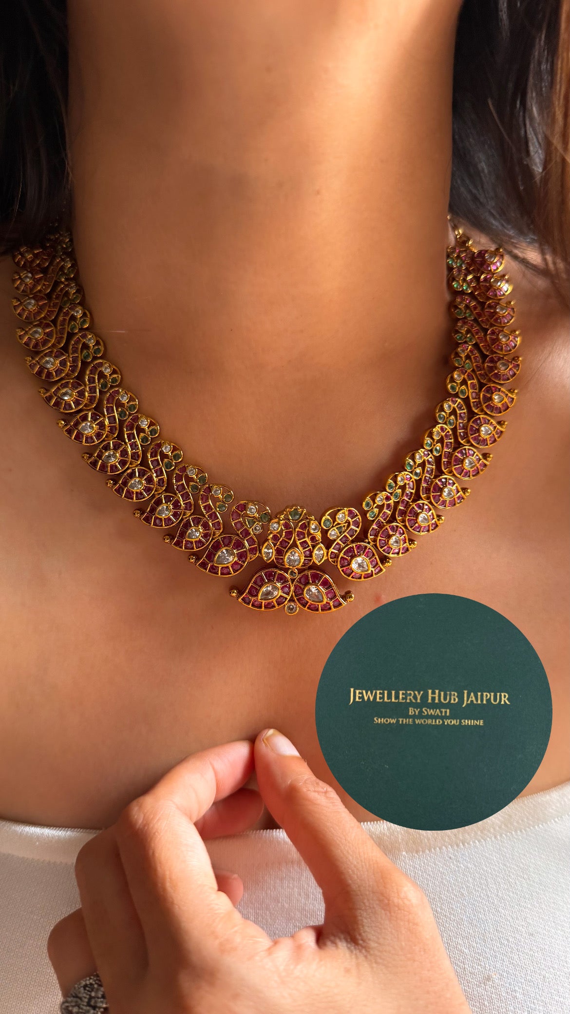 Detachable Goddess laxmi rani pink & emerald with emerald & pearl drop temple collar set