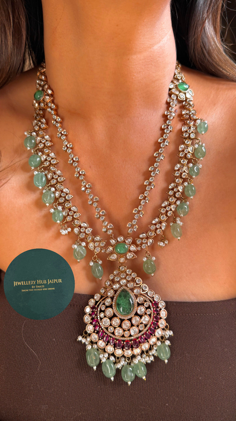 Dual line tear drop emerald & rani pink moissanite necklace