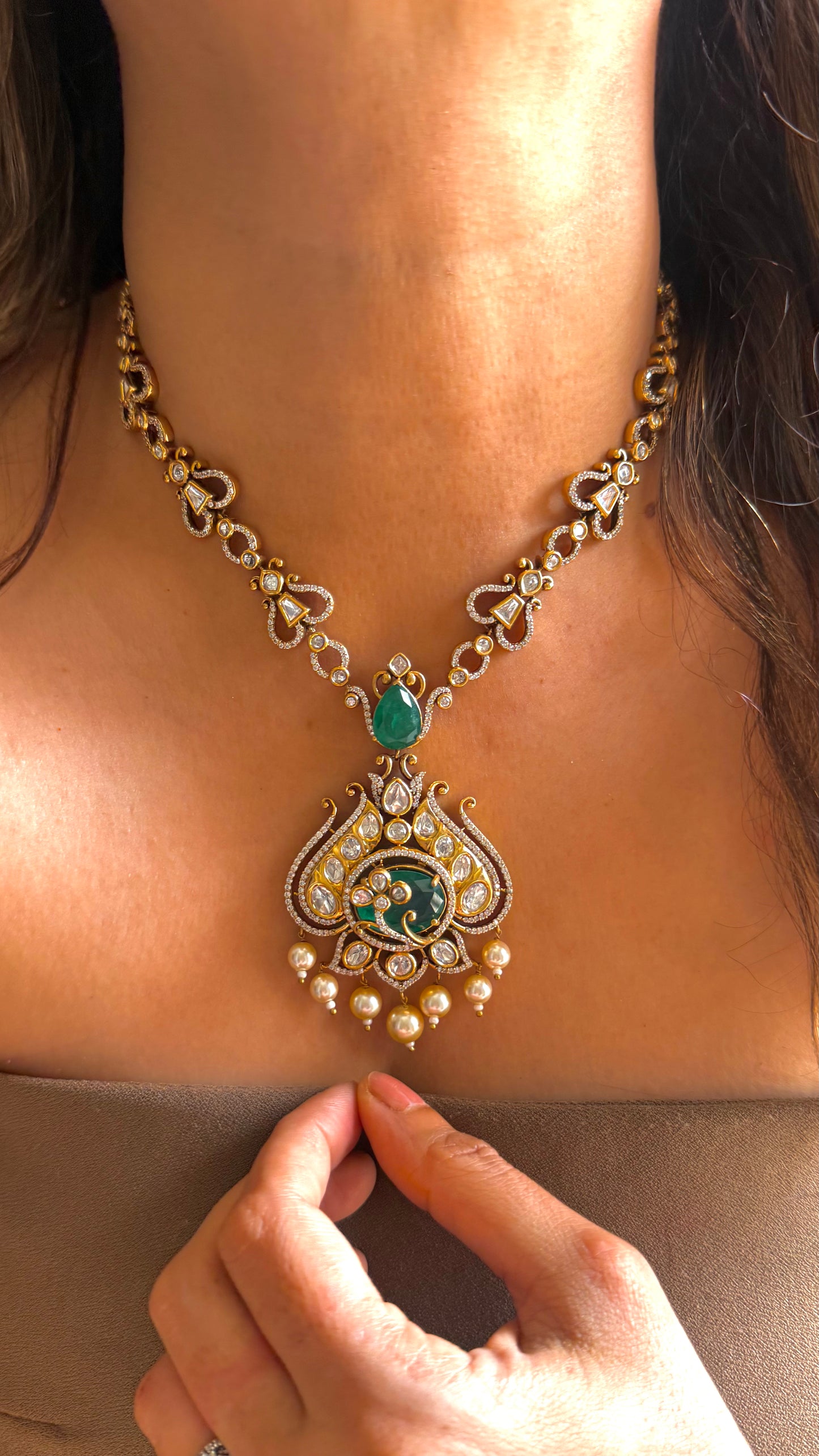 Emerald dual polish victorian Designer Necklace