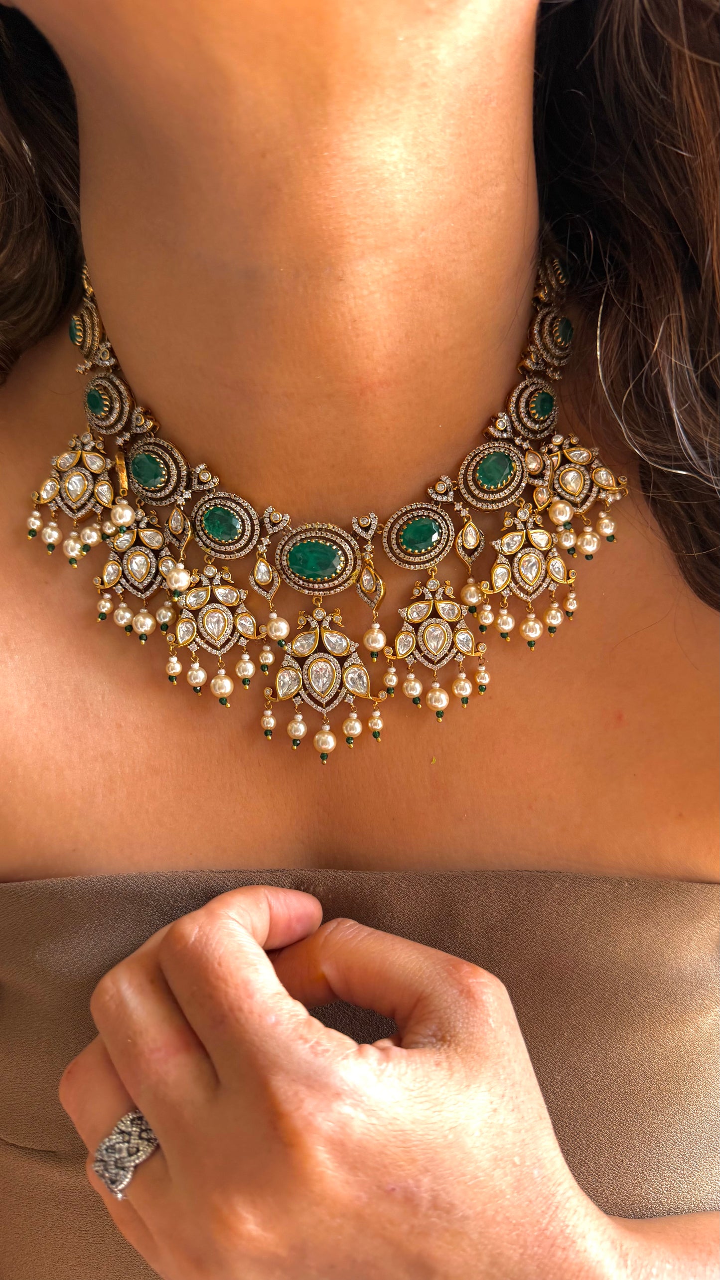 Emerald doublet victorian Polki necklace with pearl detailing