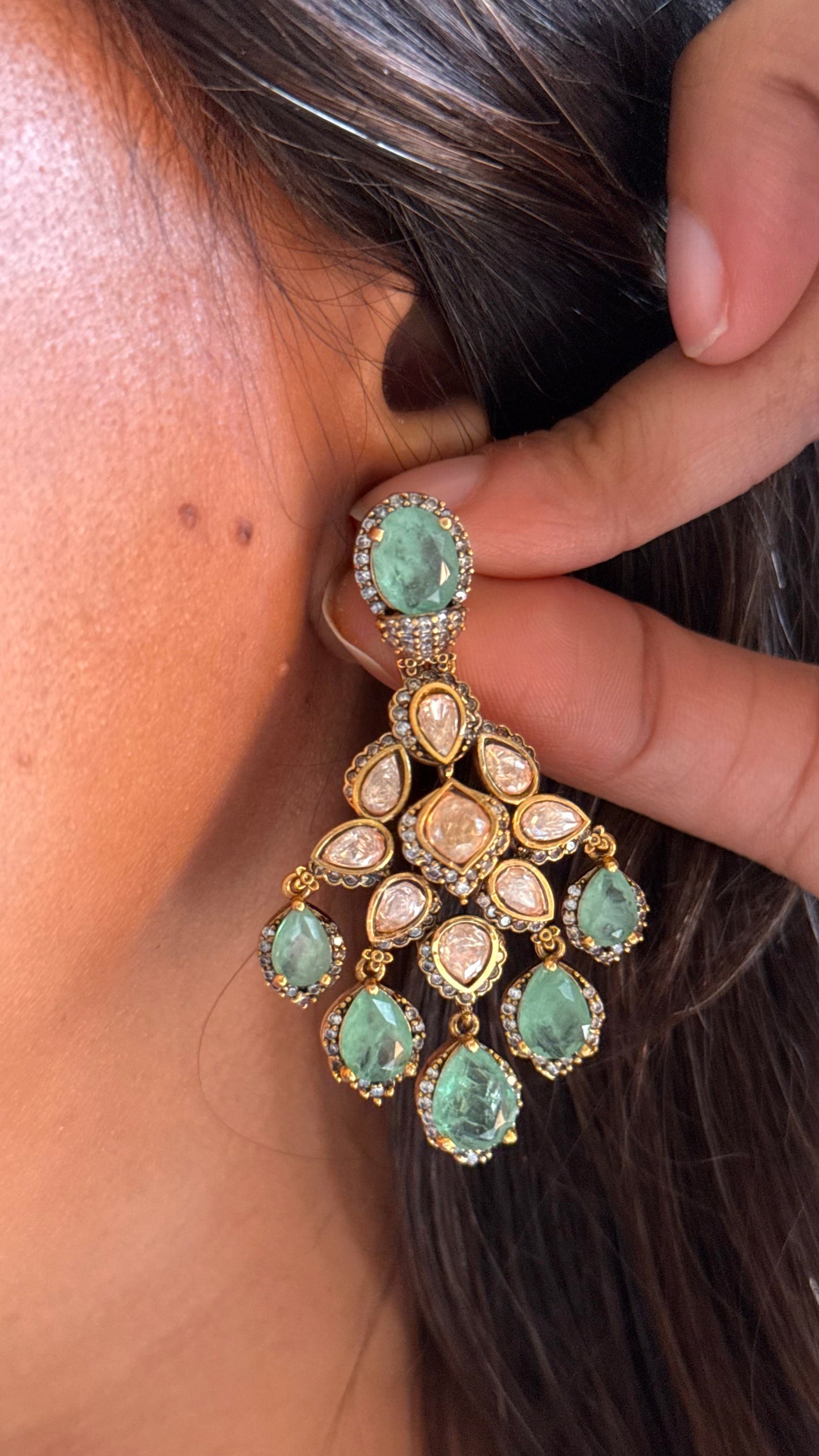 Mint doublet with peeli polki Moissanite combo necklace