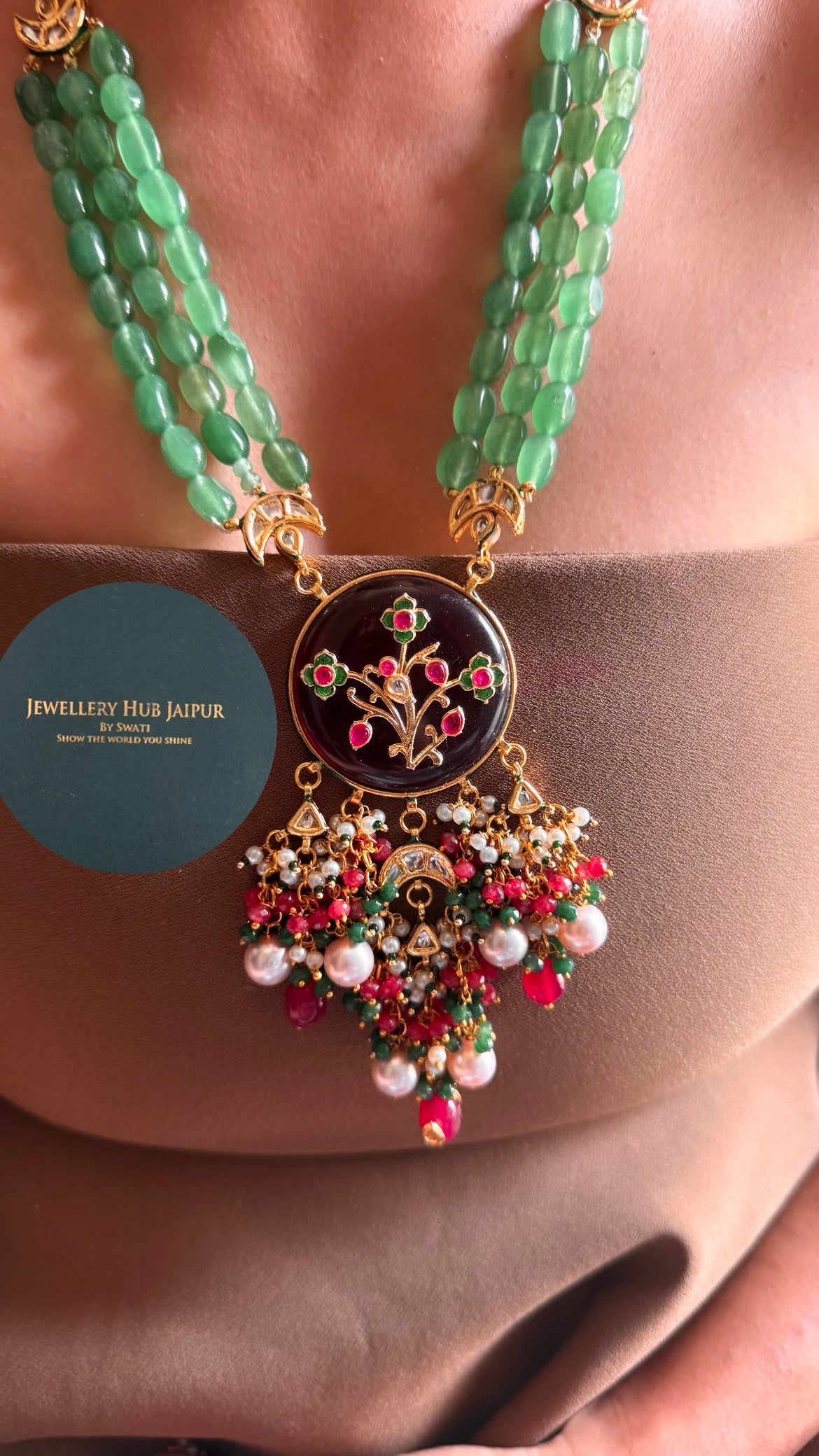 Ruby floral inlay work & mint string with meenakari paachi heritage long set
