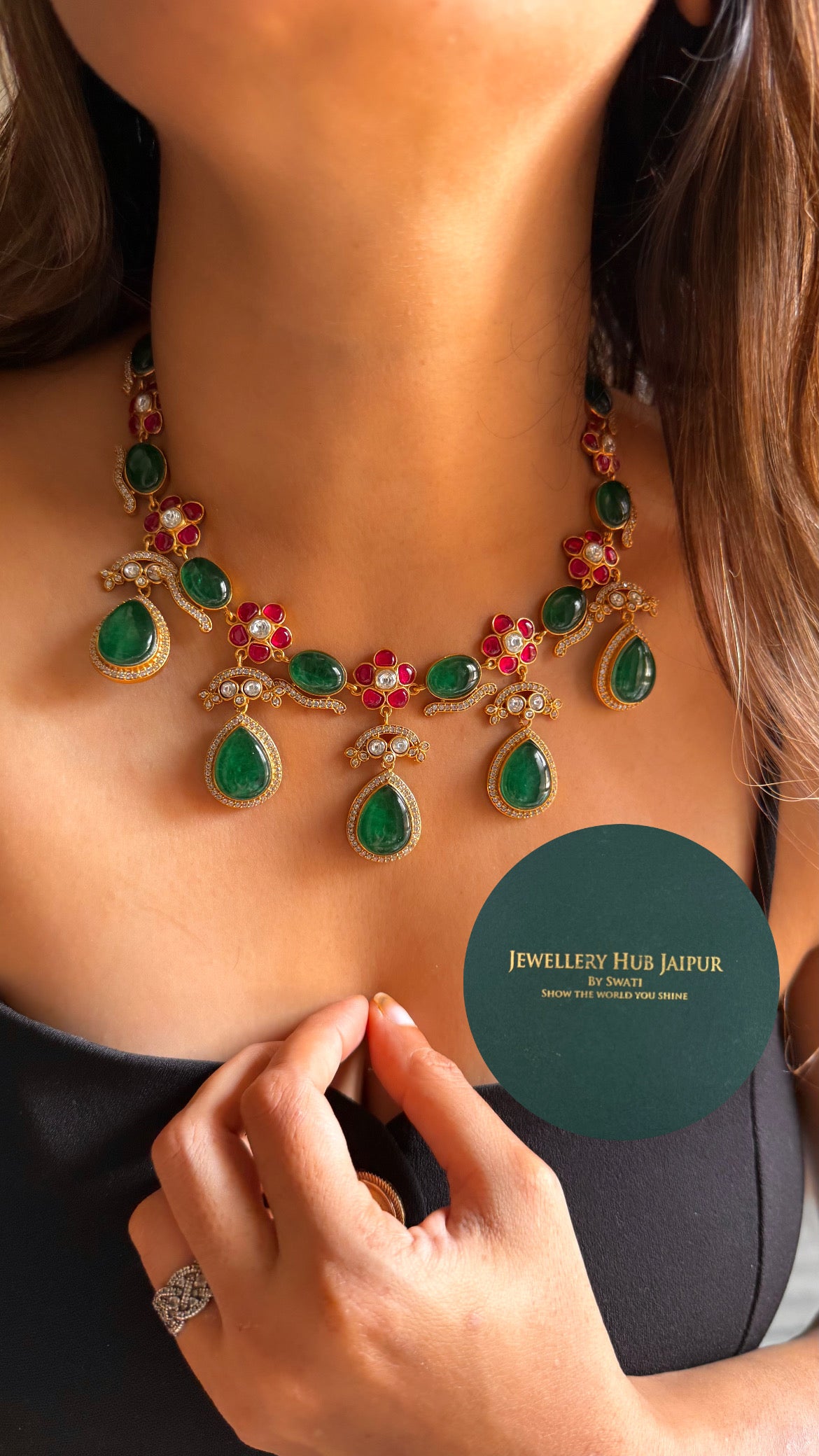 Amrapali inspired Natural stone Emerald doublet & rani pink floral moissanite collar set
