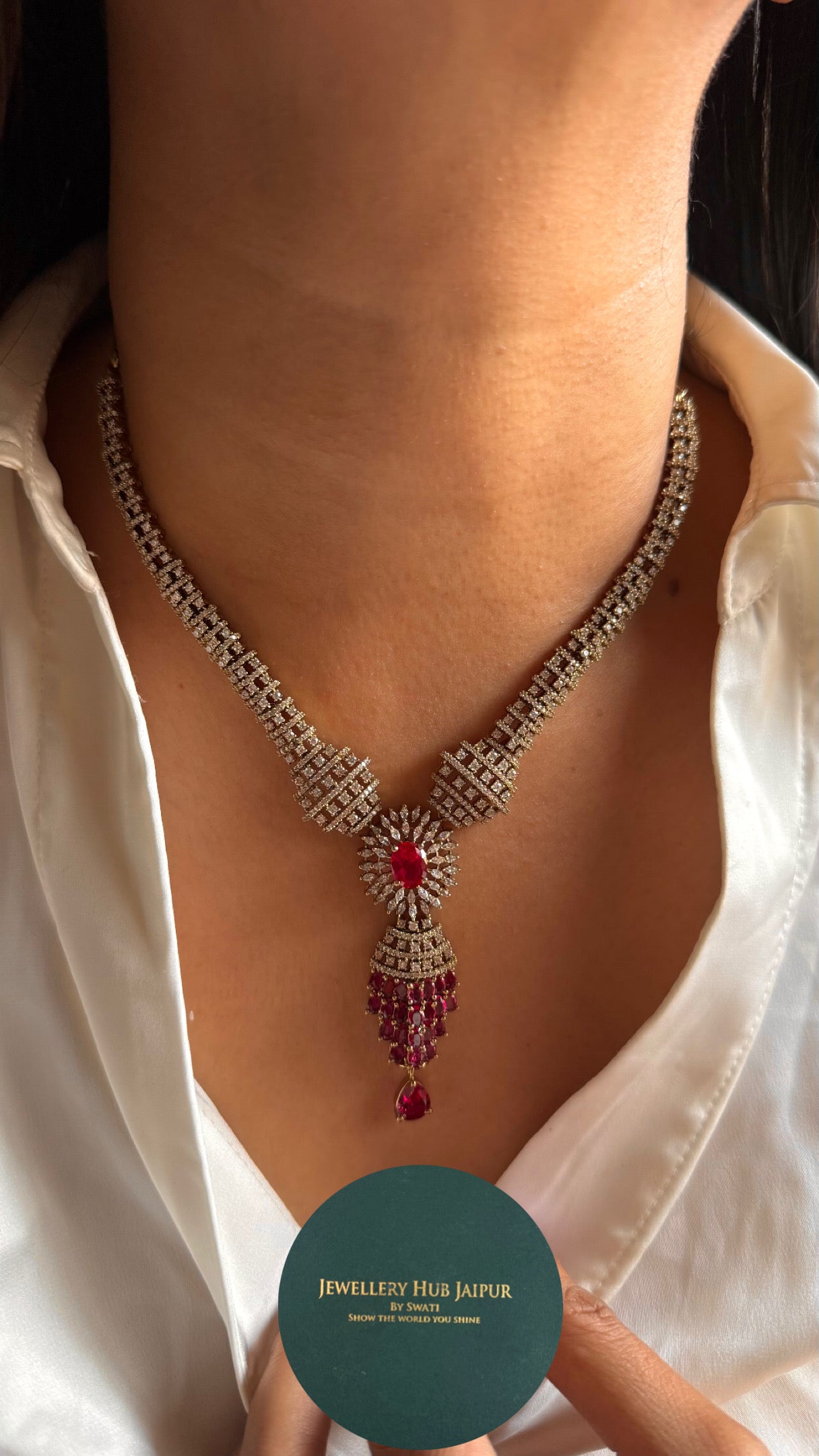 Ruby with Rani pink doublets cz diamond collar Necklace