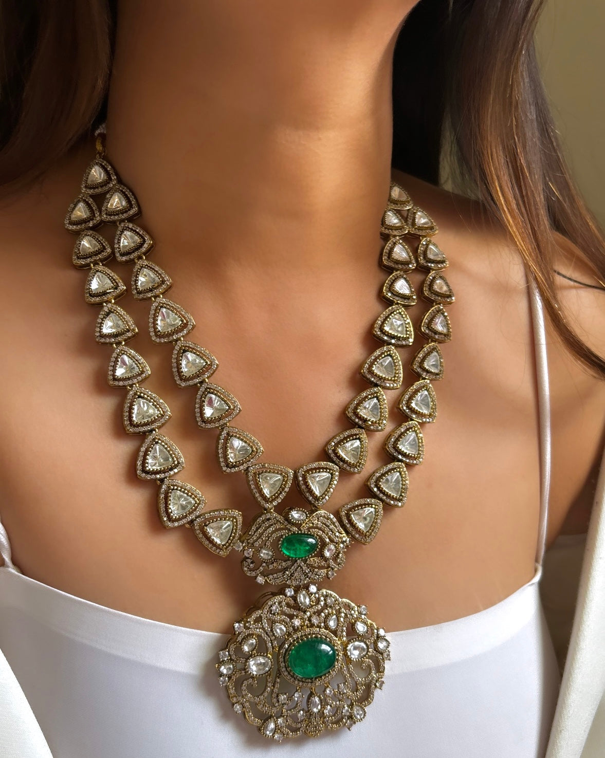 Emerald dual layered Moissanite necklace