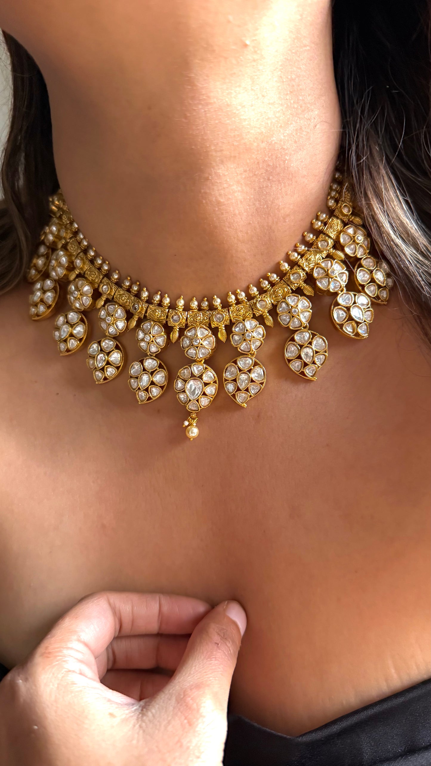 Heritage Floral polki necklace with pearl detailing