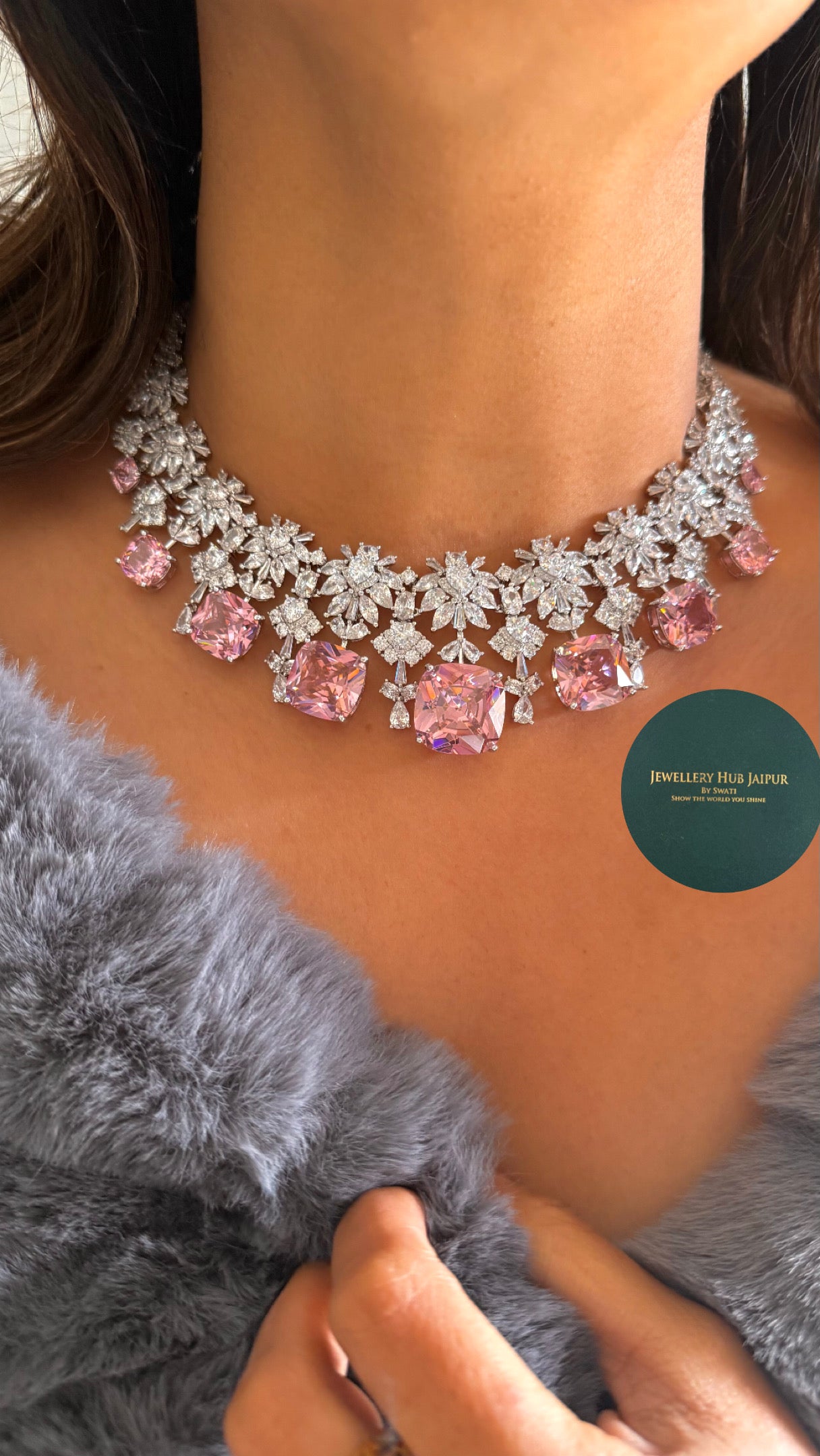 Rose Quartz cz diamond statement necklace
