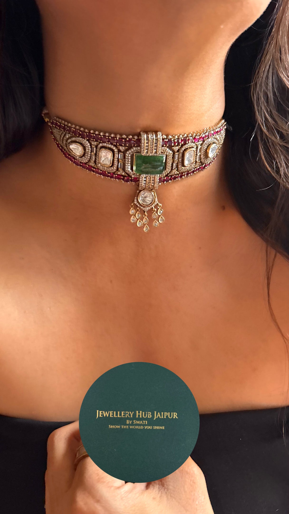 Emerald & Rani pink doublet designer choker necklace