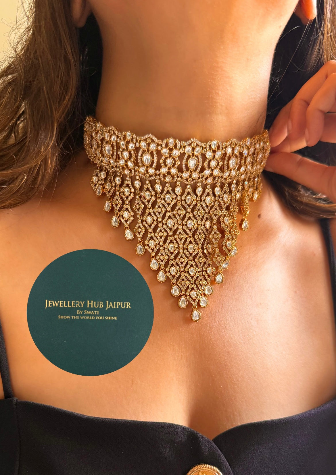 Moissanite uncut polki jhalar choker set