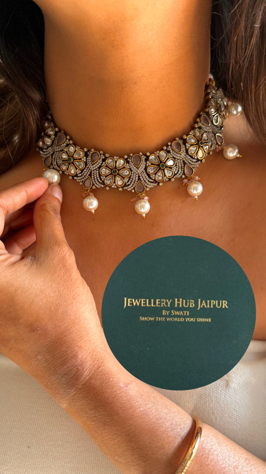 Blush pink floral, Victorian necklace with pearl drops