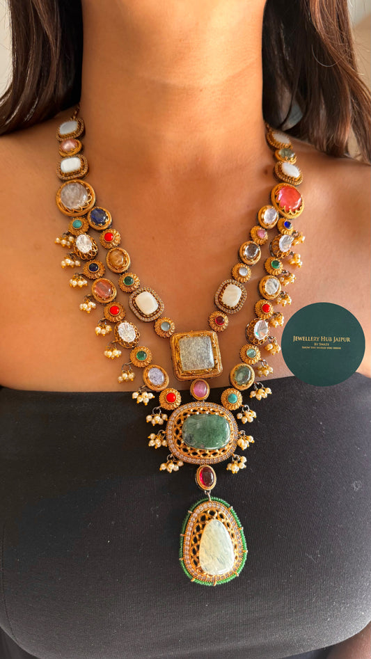 Vintage Sabyasachi inspired dual line long Navratna necklace