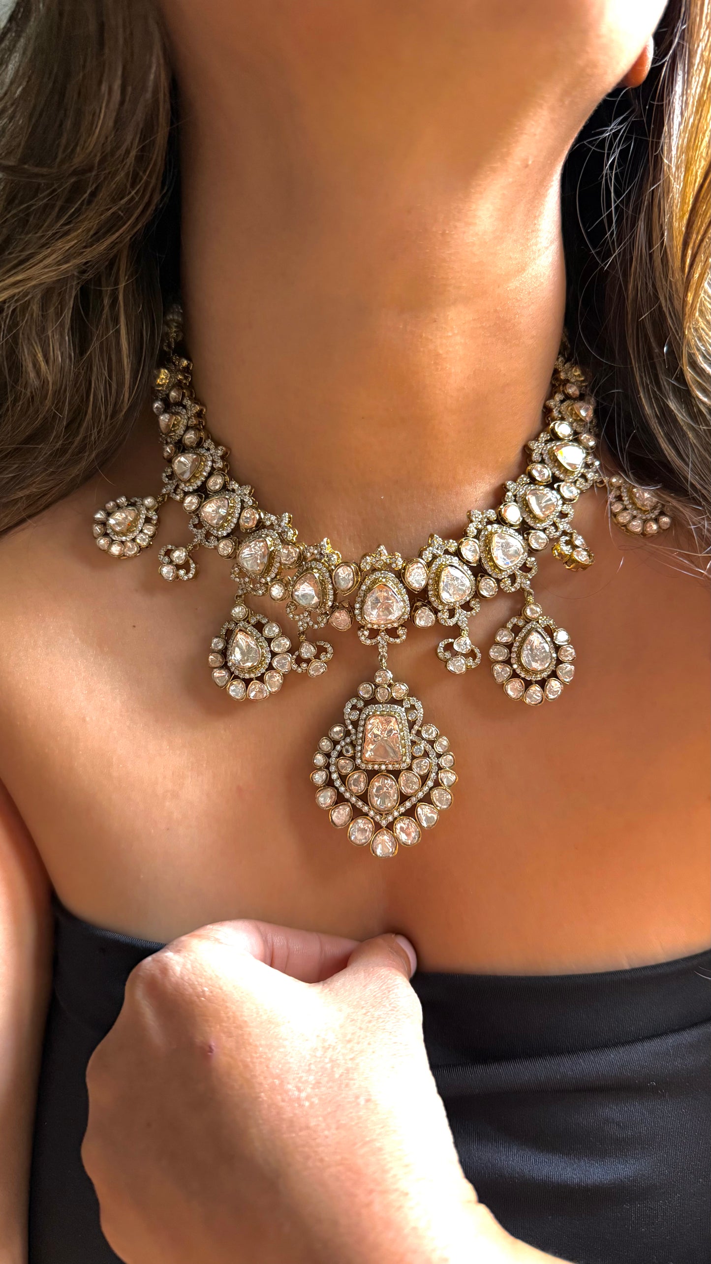 Real Moissanite Polki victorian Statement Necklace